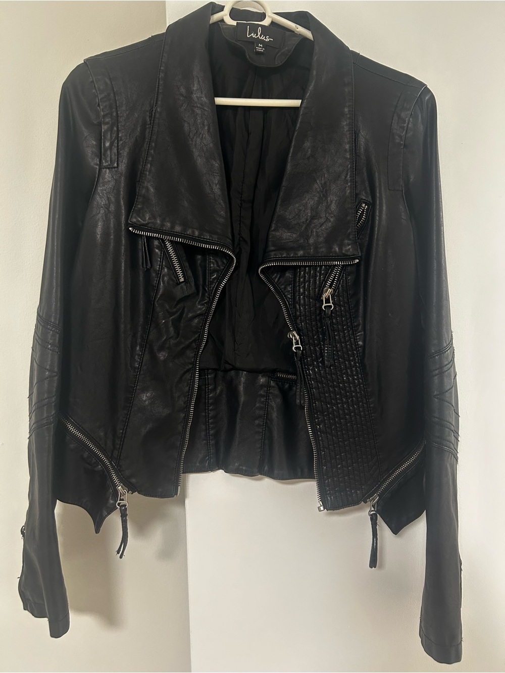 Lulu's Black Faux Leather Asymmetrical Zip Moto Jacket